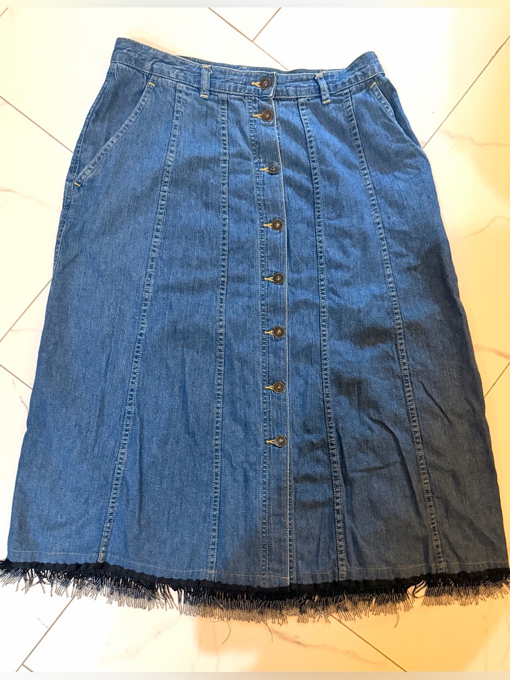 Liz Wear Denim Midi Skirt Size 12 Custom Beaded Fringe Hem Boho